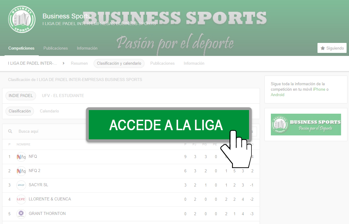 Acceso a la Liga de Pádel empresas de Business Sports